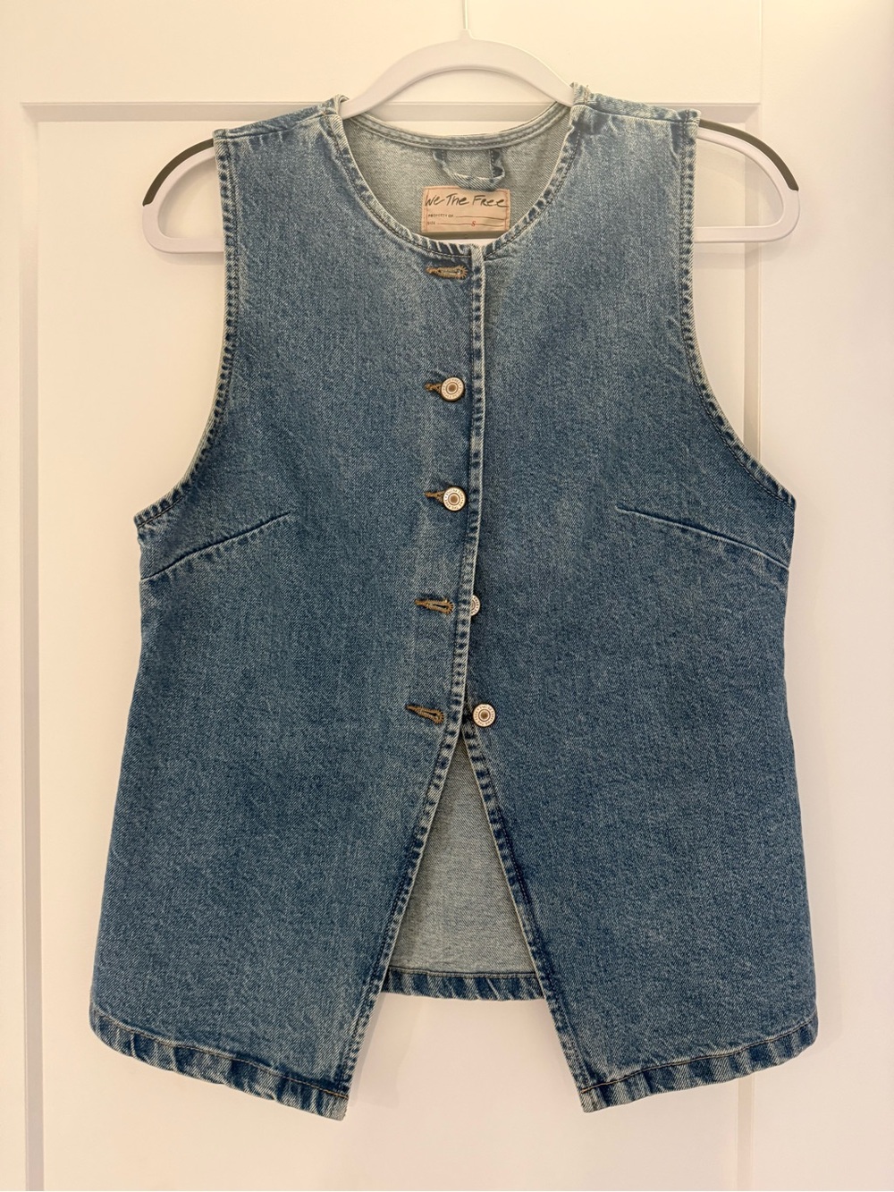 We The Free Blue Denim Sleeveless Button Vest